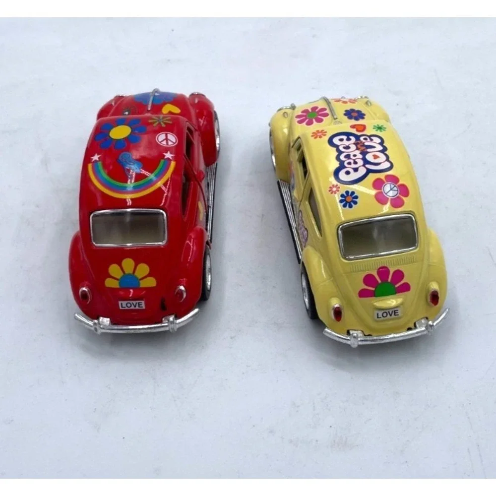 Lot of 2 Kinsmart 1967 Volkswagen Beetles Peace Love Diecast Model 1:32 Red 5" - Picture 3 of 12